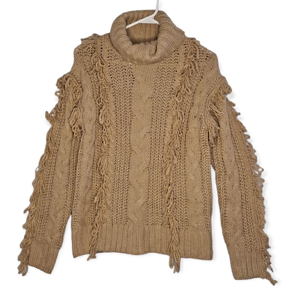 WYNTER Cowl Neck Loop Fringe Sweater Euro Camel Small